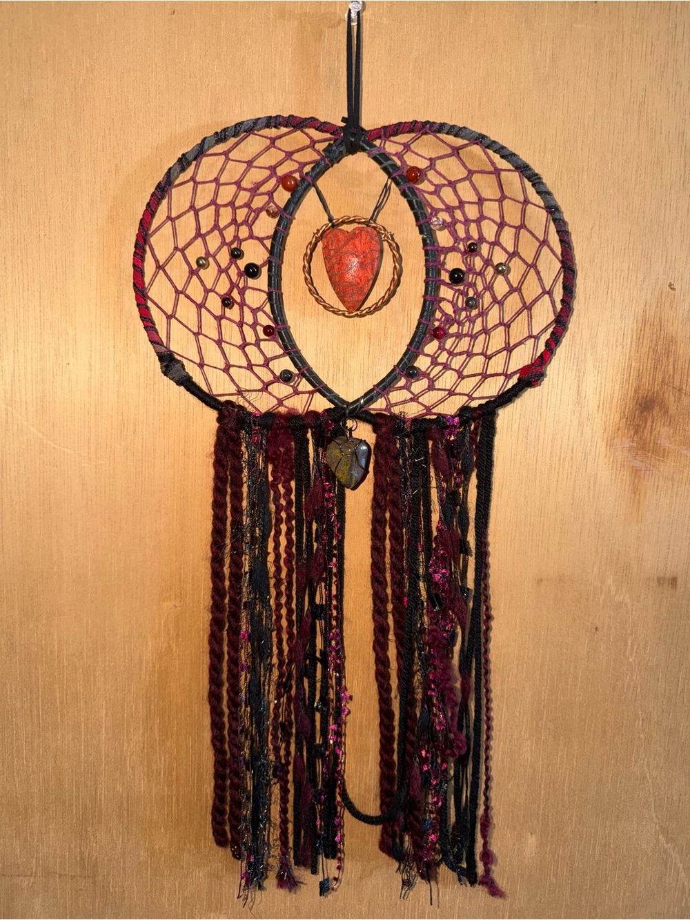 Hand Crafted Maroon and Black Double Hoop Dreamcatcher with Heart